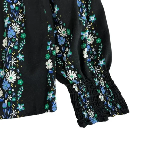 Talbots Women's Size M Dark Floral Striped Smocked Black Blouse - Picture 6 of 9